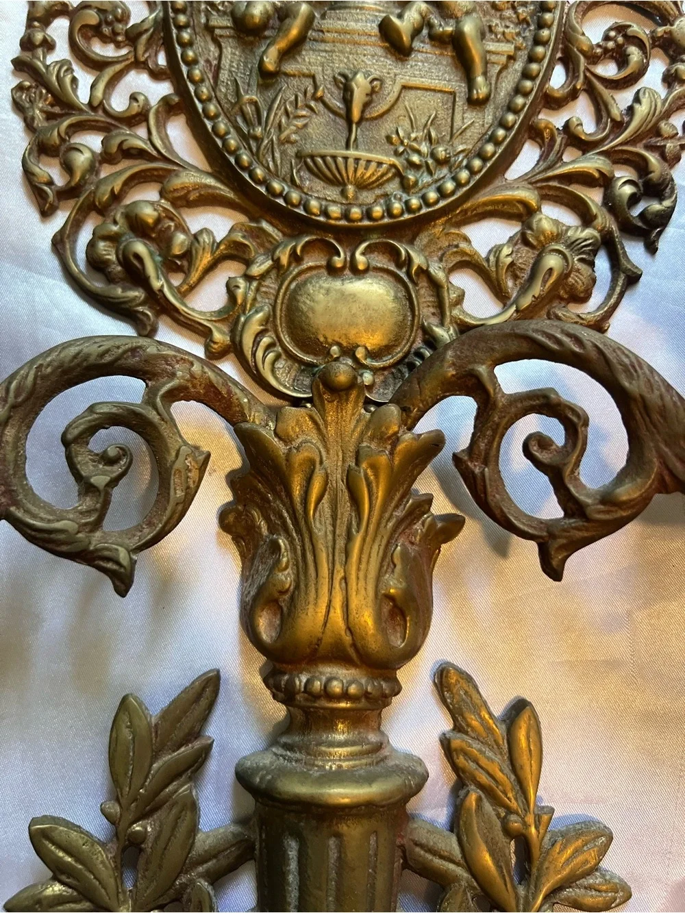Antique Victorian Age Gold Ornate Cherub Wall Candle Sconce 2ft tall